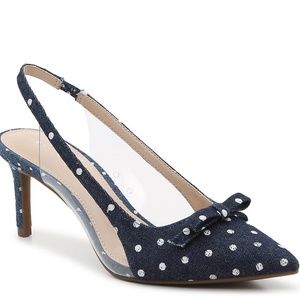 NEW Kelly & Katie | Zarina Polka Dot Denim Heels